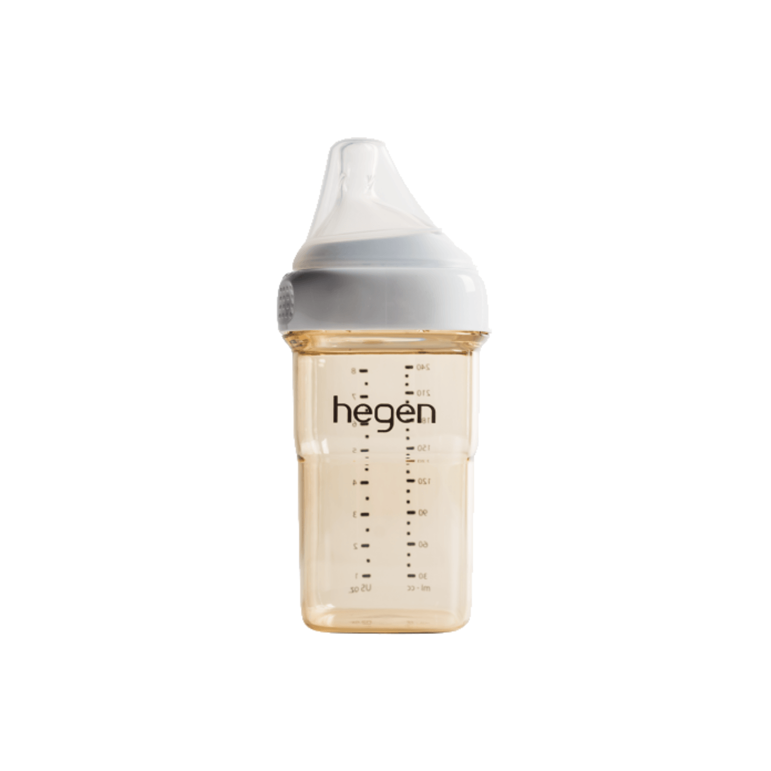 A transparent Hegen PCTO 240ml/8oz feeding bottle with medium flow teat suitable for 3 to 6 months.