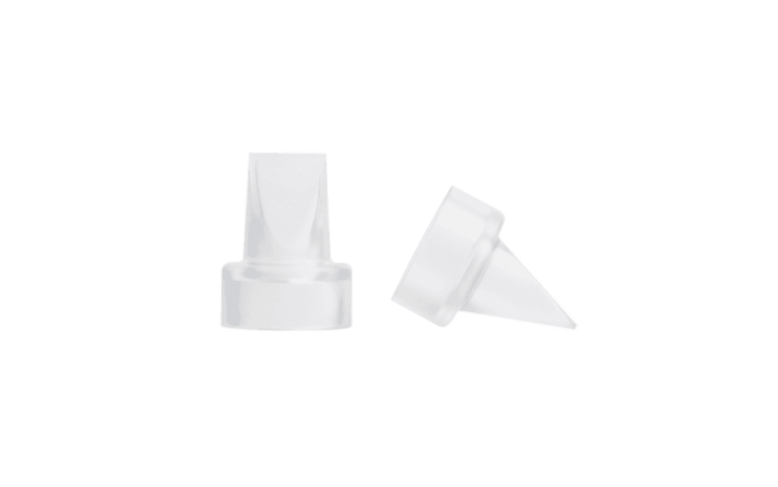 Two white silicone valves for breast pump, displayed on a plain background.