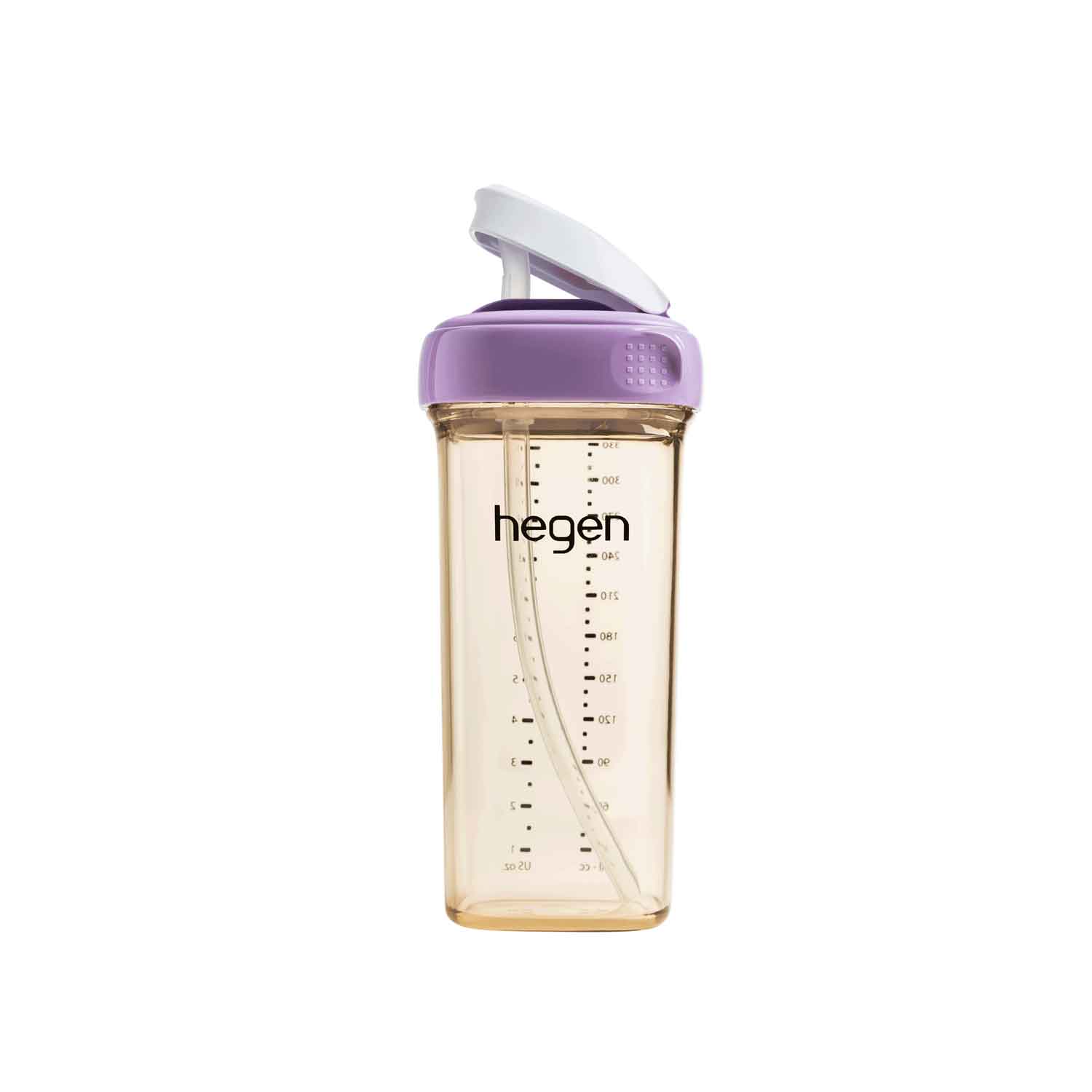 A purple Hegen PCTO 330ml straw cup with a click-to-lock safety cap designed for children 9 months and above.