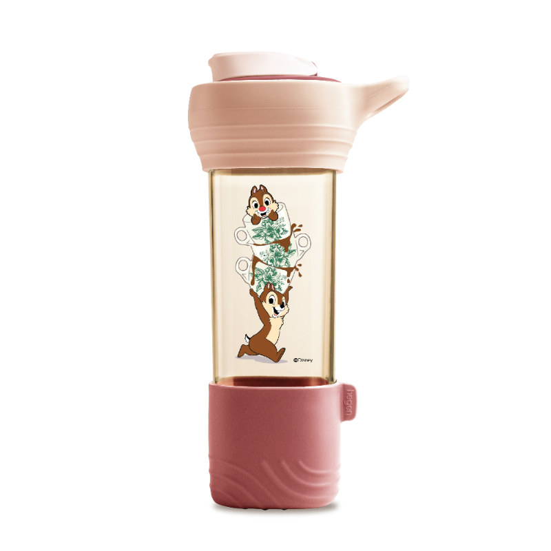 A Disney-themed portable water bottle with a translucent amber body, a light pink lid and spout, and a dusty rose base. The center features a graphic of Chip and Dale stacked on a tree with mint green coins.