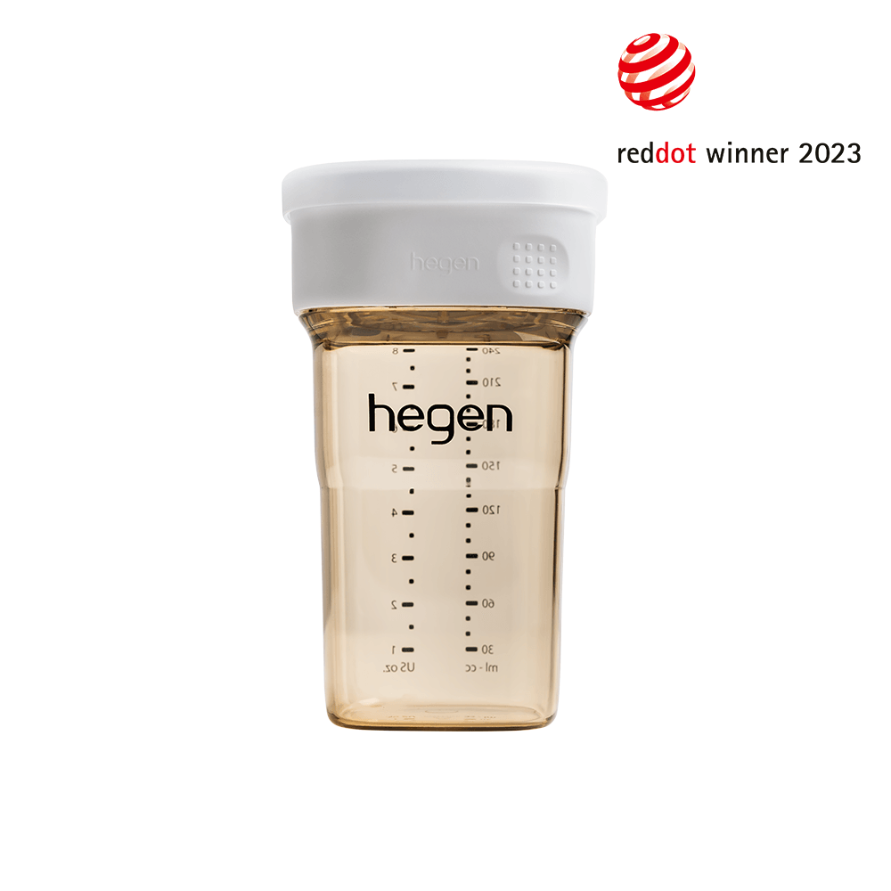 A Hegen PCTO 240ml/8oz All-Rounder Cup PPSU in white color, designed for babies 12 months and above, with measurement markings on the side.