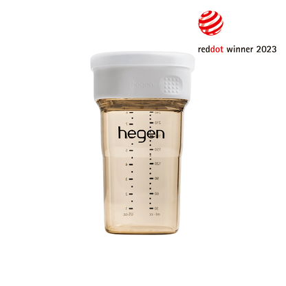 A Hegen PCTO 240ml/8oz All-Rounder Cup PPSU in white color, designed for babies 12 months and above, with measurement markings on the side.