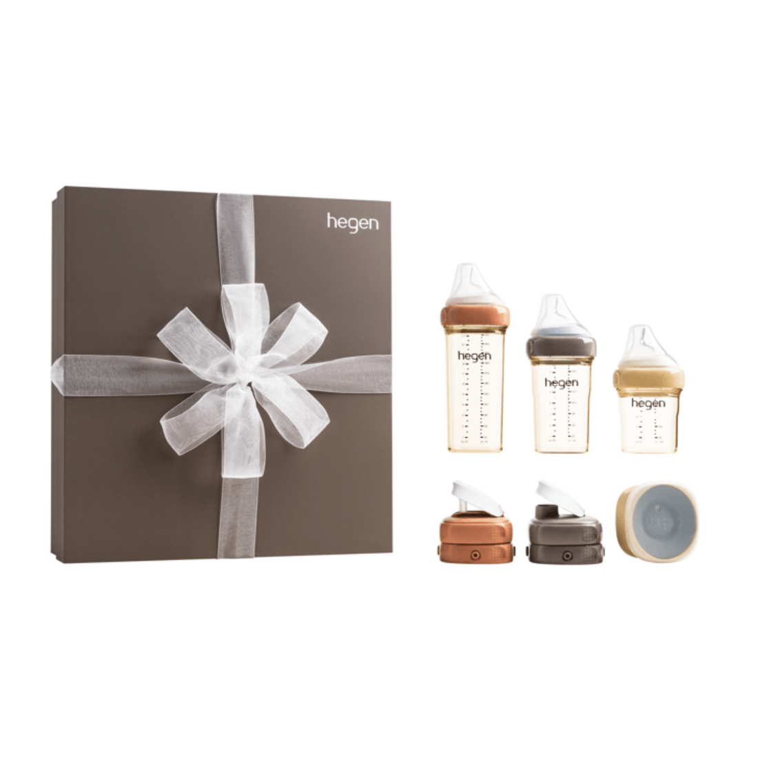 Hegen baby bottle set with packaging on a white background