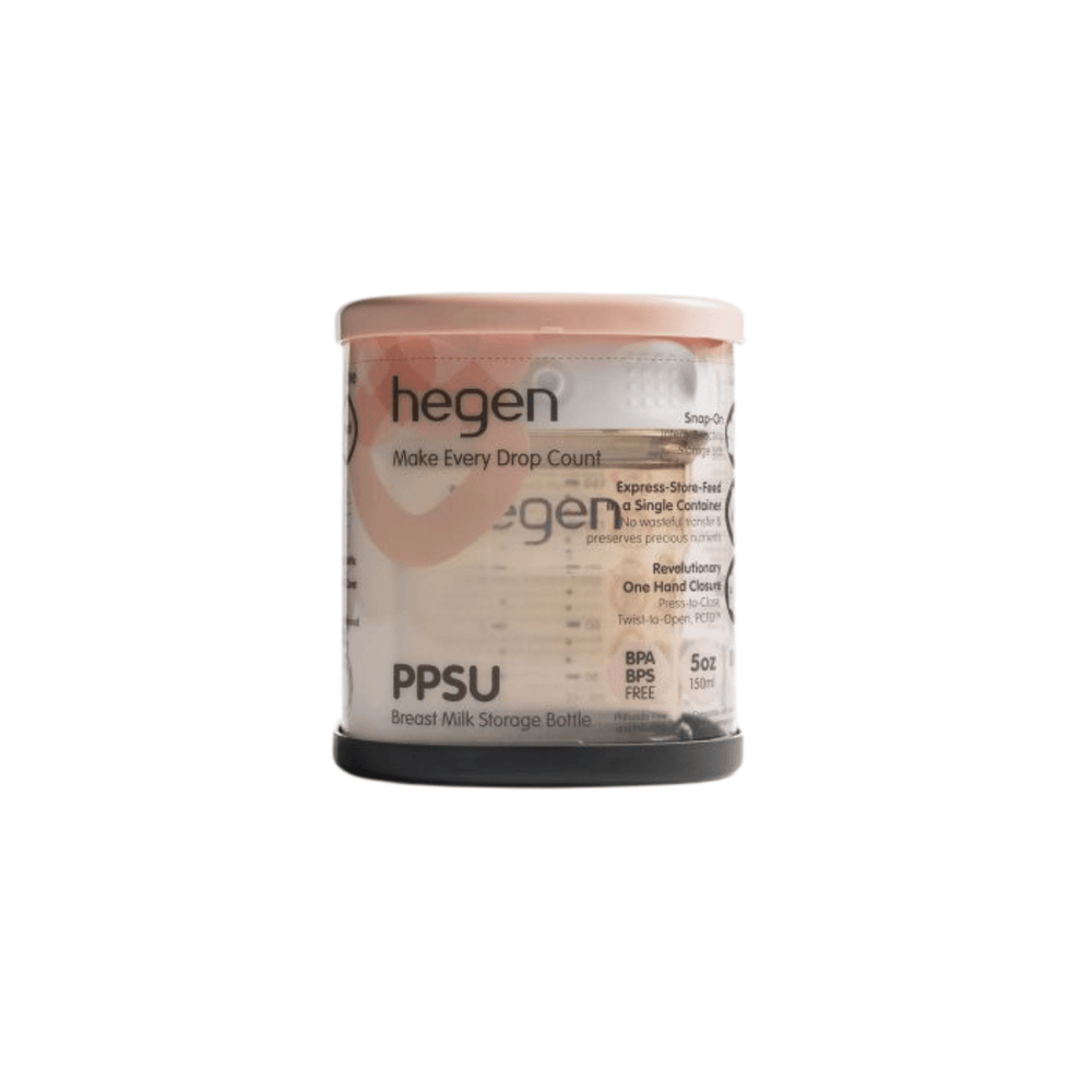 A 150ml/5oz Hegen PCTO breast milk storage container with measurement markings and a white lid.