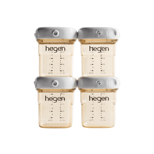 A set of four Hegen PCTO 150ml/5oz breast milk storage containers with measurement markings and white-colored lids.