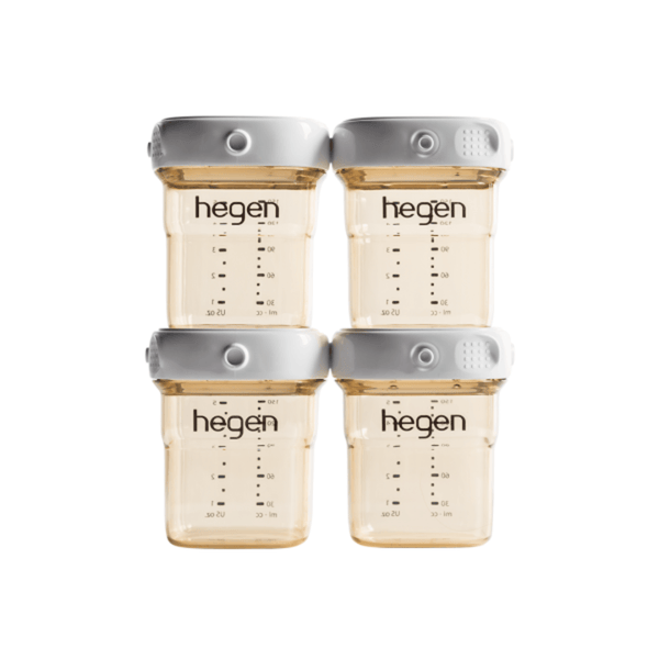 A set of four Hegen PCTO 150ml/5oz breast milk storage containers with measurement markings and white-colored lids.
