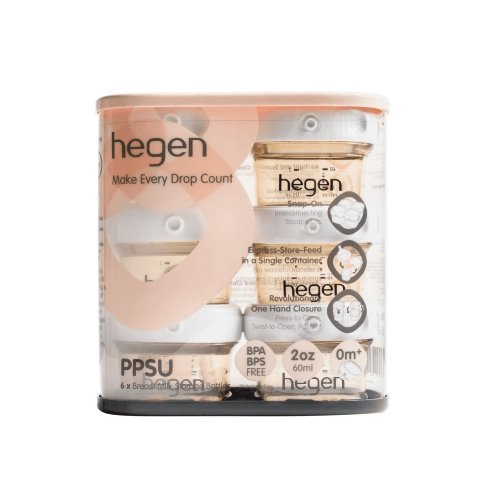 A set of six Hegen branded breast milk storage containers in a stack, with a white and gold color scheme.