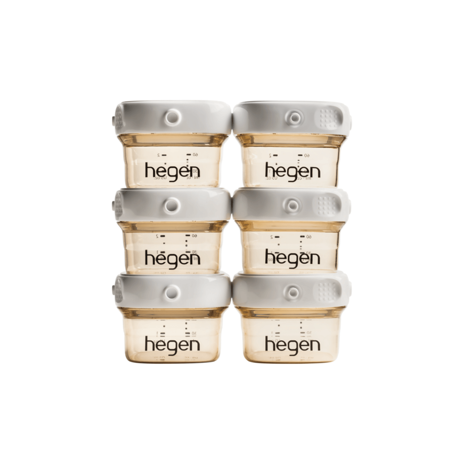 A set of six Hegen branded breast milk storage containers in a stack, with a white and gold color scheme.