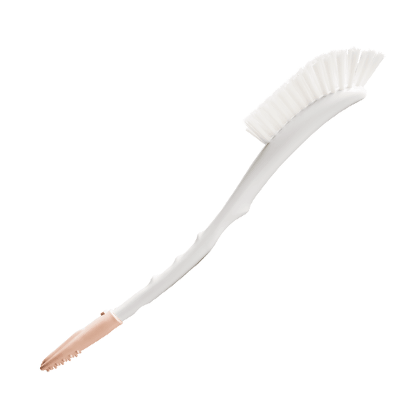 A long white bottle brush with soft bristles, and pink silicon tip designed for cleaning bottles and teats.