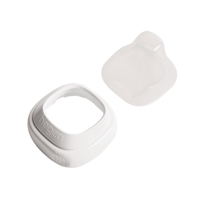 A white Hegen brand baby bottle collar and a transparent cover, designed for converting storage containers into feeding bottles.