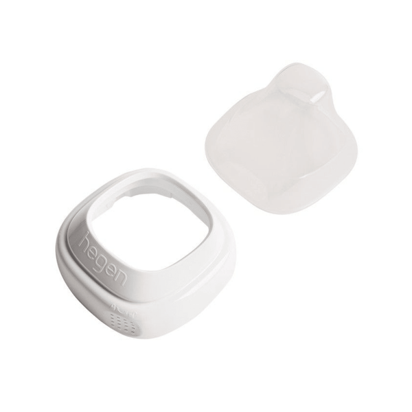A white Hegen brand baby bottle collar and a transparent cover, designed for converting storage containers into feeding bottles.