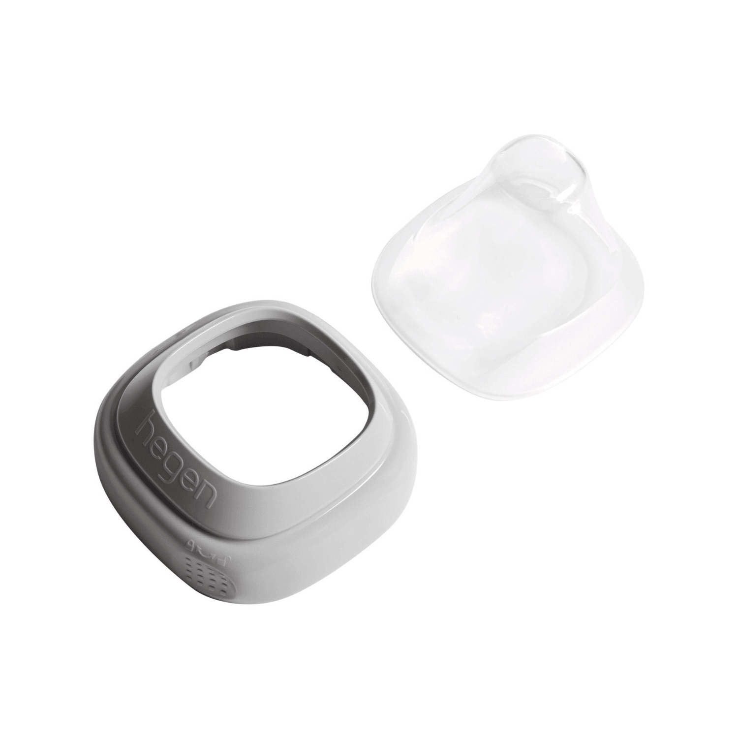 A gray Hegen PCTO collar and a transparent cover designed for converting storage containers into feeding bottles.