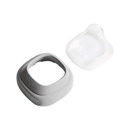 A gray Hegen PCTO collar and a transparent cover designed for converting storage containers into feeding bottles.
