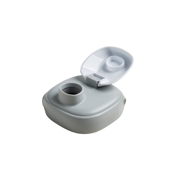 A grey Hegen PCTO Spout attached to a bottle, designed for easy drinking.