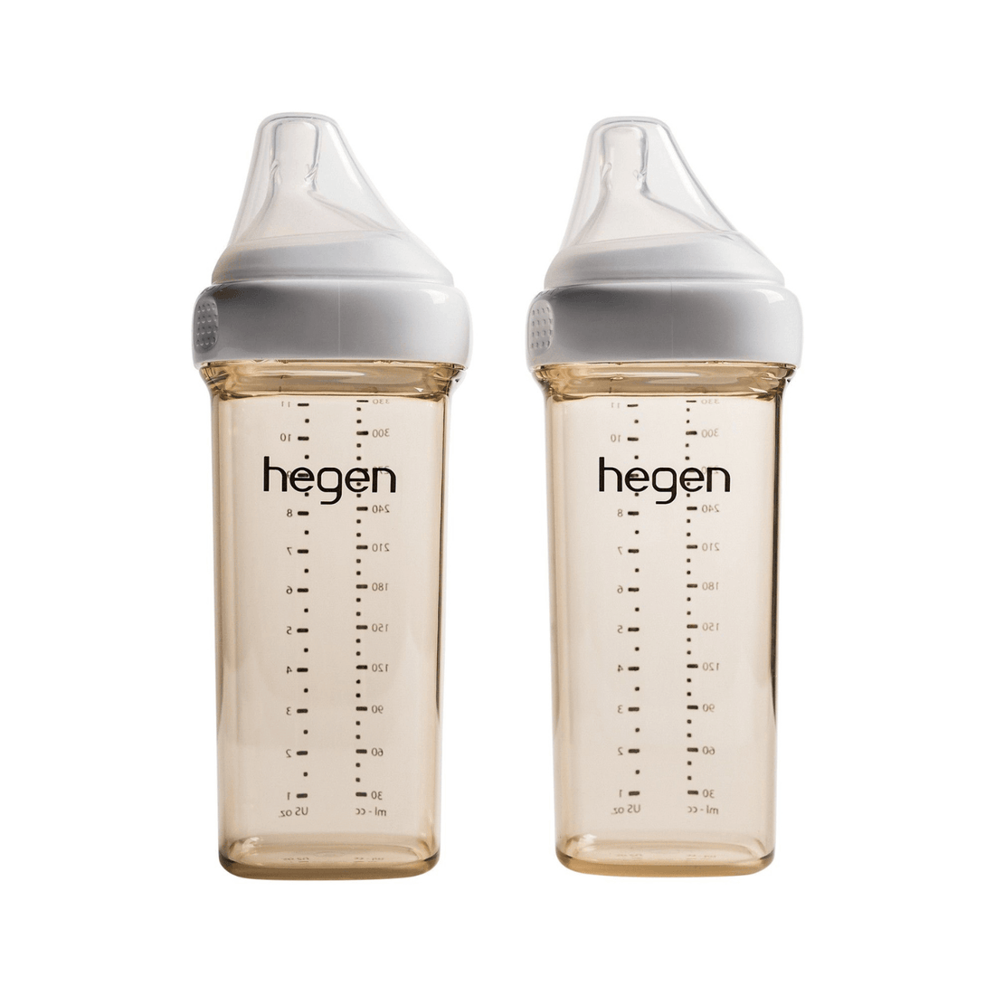 Two Hegen PCTO 330ml/11oz feeding bottles with fast flow teats, transparent with measurement markings, against a white background.