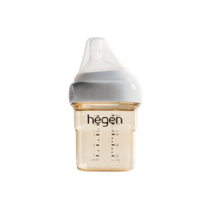 A 150ml/5oz Hegen feeding bottle with a slow flow teat, marked with measurement lines, against a white background.