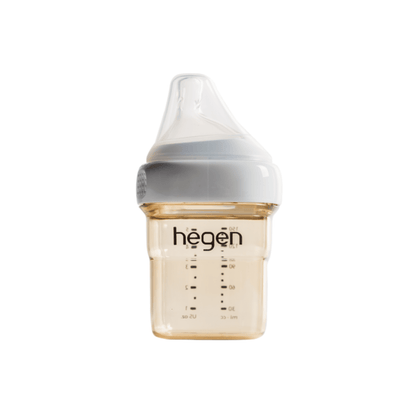 A 150ml/5oz Hegen feeding bottle with a slow flow teat, marked with measurement lines, against a white background.