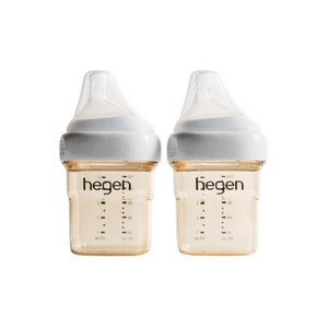 Two Hegen PCTO 150ml/5oz feeding bottles with slow flow teats, against a white background.