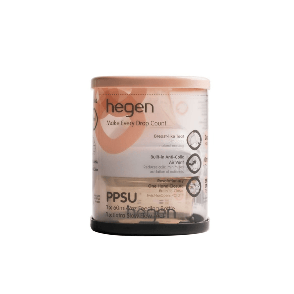 A 60ml/2oz Hegen feeding bottle with an extra slow flow teat, with white collar lid.
