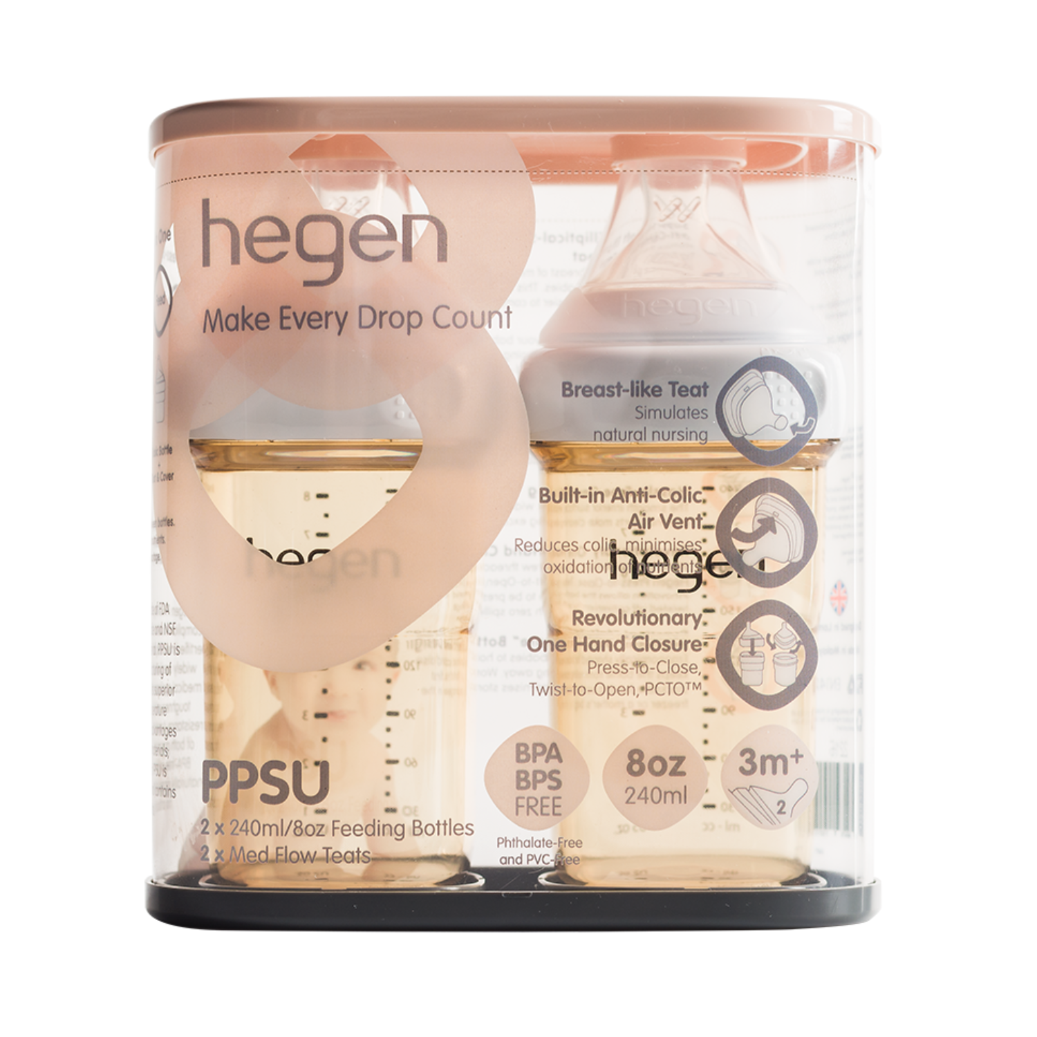Hegen PCTO™ 240ml/8oz Feeding Bottle PPSU, 2-Pack with 2 x Medium Flow Teat (3 to 6 months)