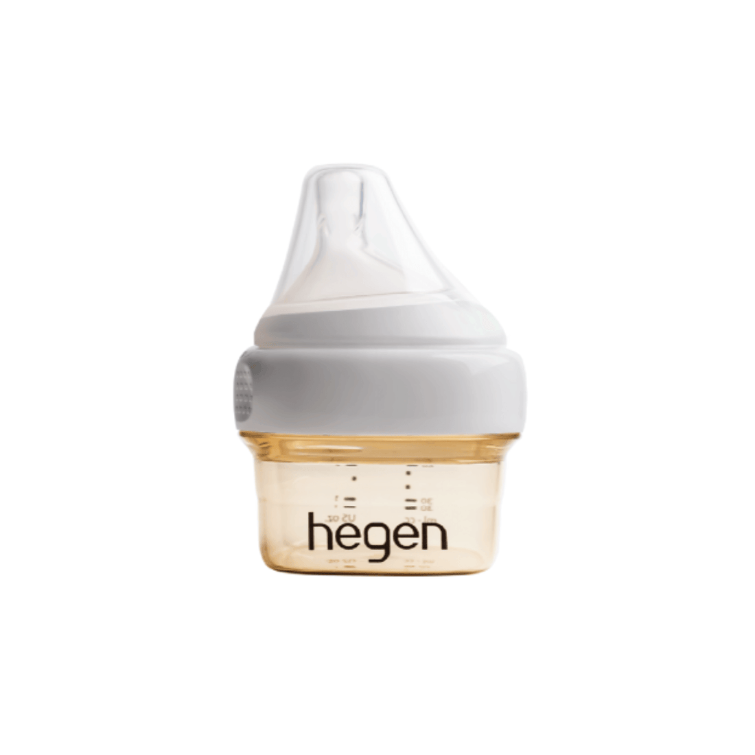 A 60ml/2oz Hegen feeding bottle with an extra slow flow teat, with white collar lid.