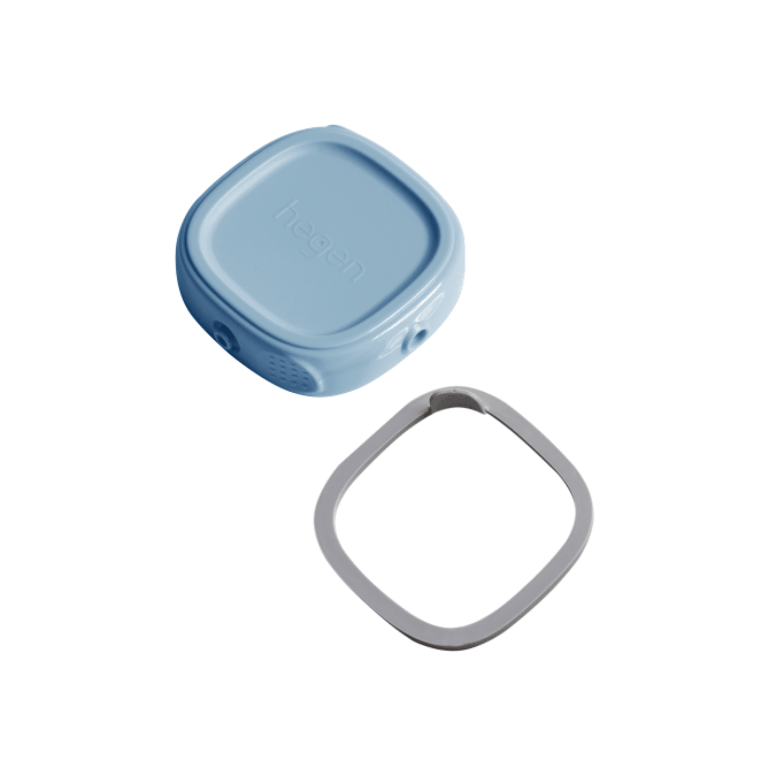 A blue Hegen breast milk storage container lid alongside its matching ring.