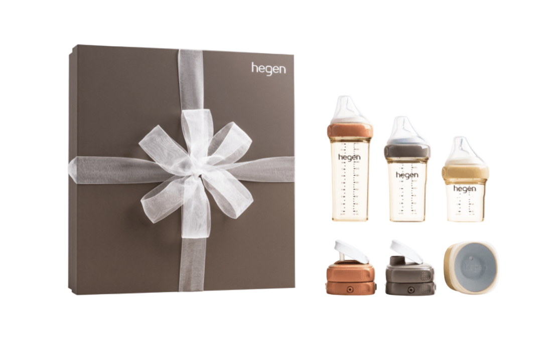Hegen baby bottle set with packaging on a white background