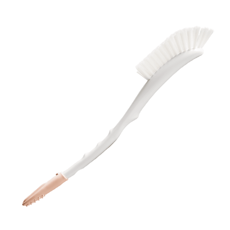A long white bottle brush with soft bristles, and pink silicon tip designed for cleaning bottles and teats.