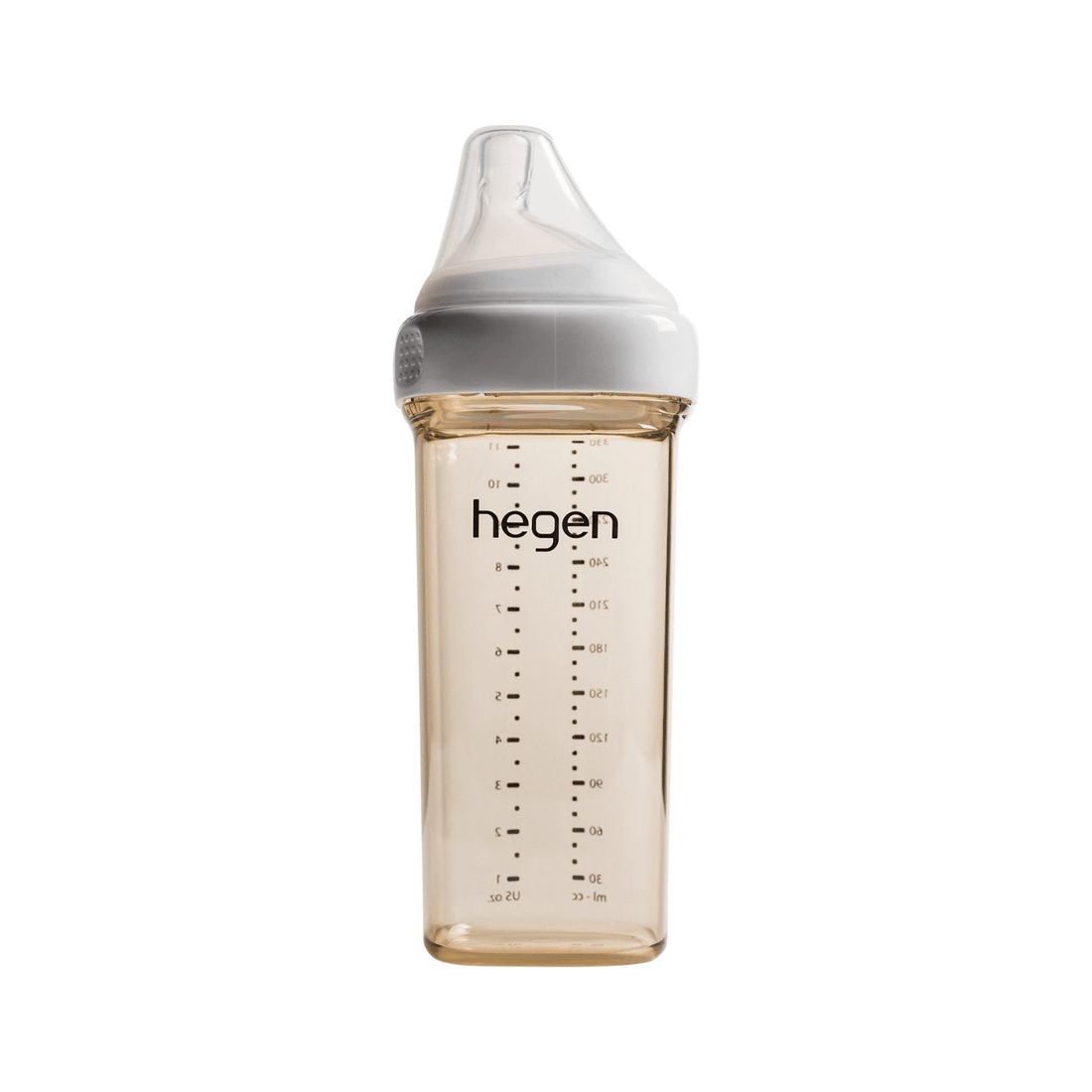 A 330ml/11oz Hegen feeding bottle with a fast flow teat designed for babies 6 months and beyond, in a clear color with measurement markings.