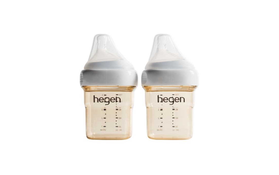 Two Hegen PCTO 150ml/5oz feeding bottles with slow flow teats, against a white background.