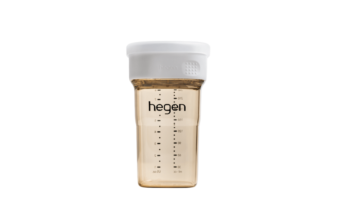 A Hegen PCTO 240ml/8oz All-Rounder Cup PPSU in white color, designed for babies 12 months and above, with measurement markings on the side.