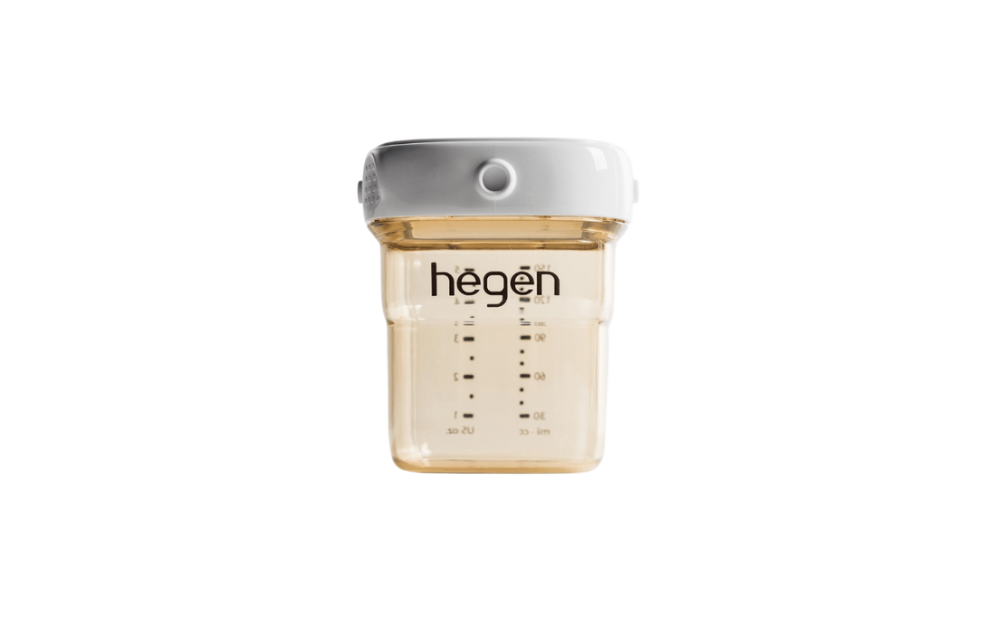 A 150ml/5oz Hegen PCTO breast milk storage container with measurement markings and a white lid.