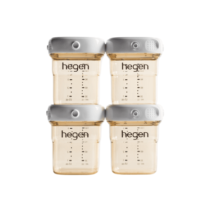 A set of four Hegen PCTO 150ml/5oz breast milk storage containers with measurement markings and white-colored lids.