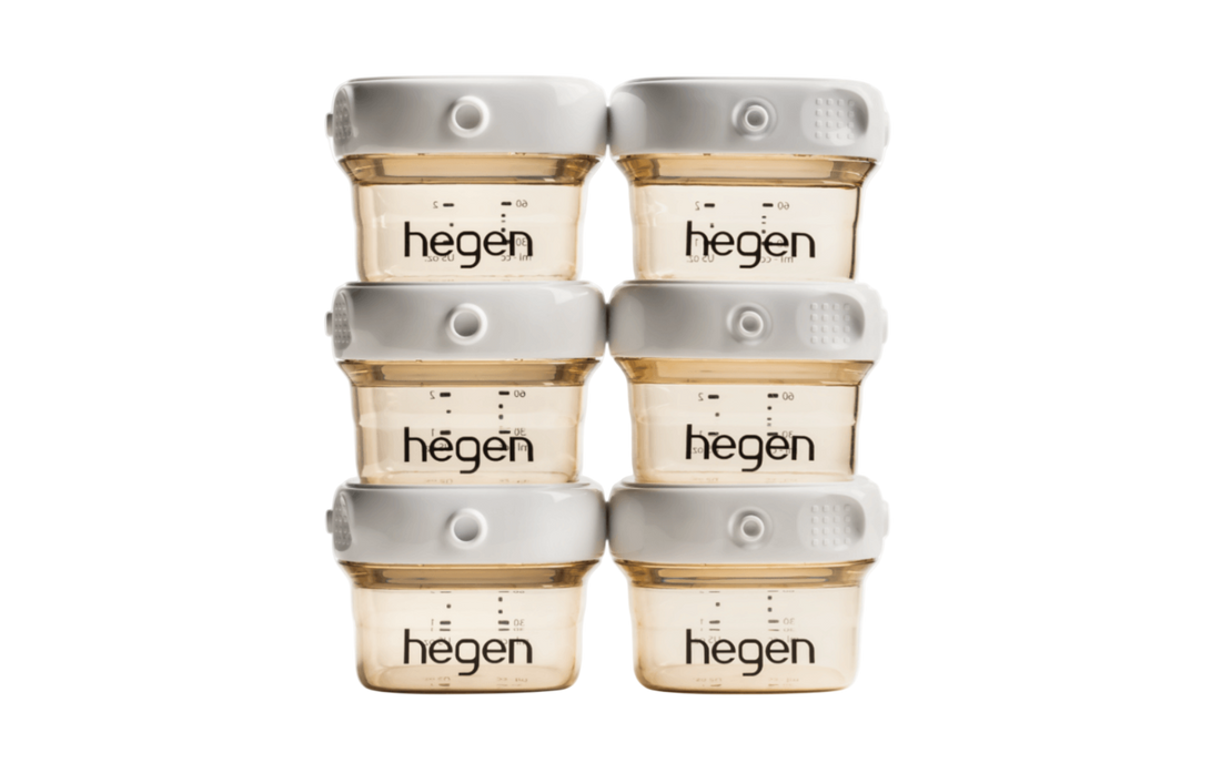 A set of six Hegen branded breast milk storage containers in a stack, with a white and gold color scheme.