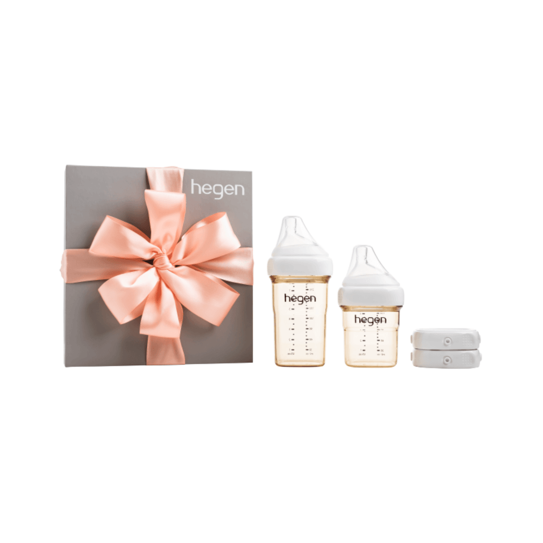 Hegen PCTO Basic Starter Kit PPSU presented in a box with two baby bottles, breast milk storage lids, and a decorative pink ribbon.