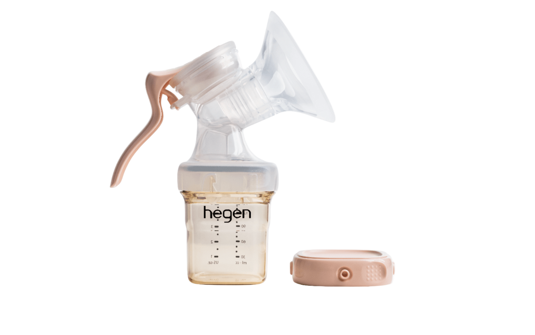 A Hegen manual breast pump kit with a soft silicone shield and a transparent collection container.