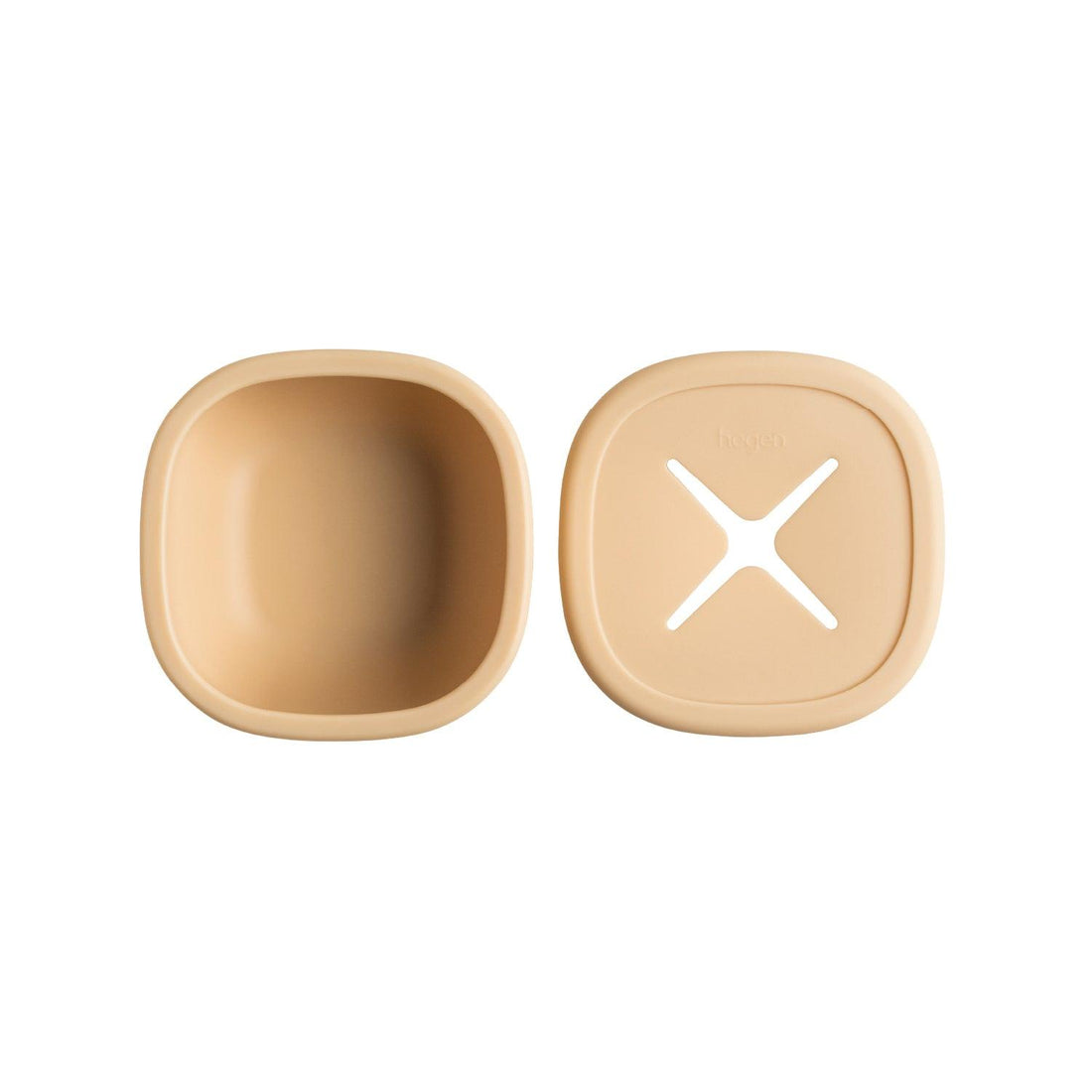 A beige silicone suction bowl with a snack lid, displayed from two different angles showing the front and side profiles.