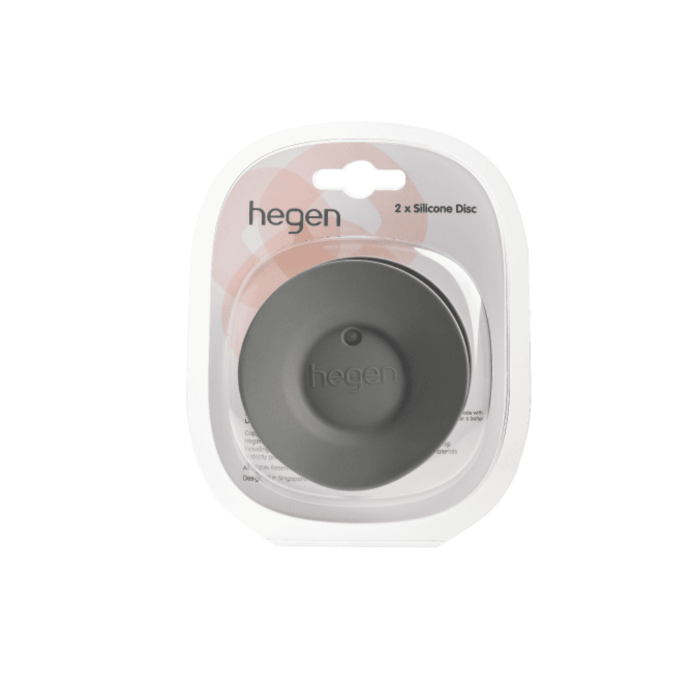 Packaging of Hegen Silicone Discs for baby cups, showing two silicone discs inside plastic packaging.