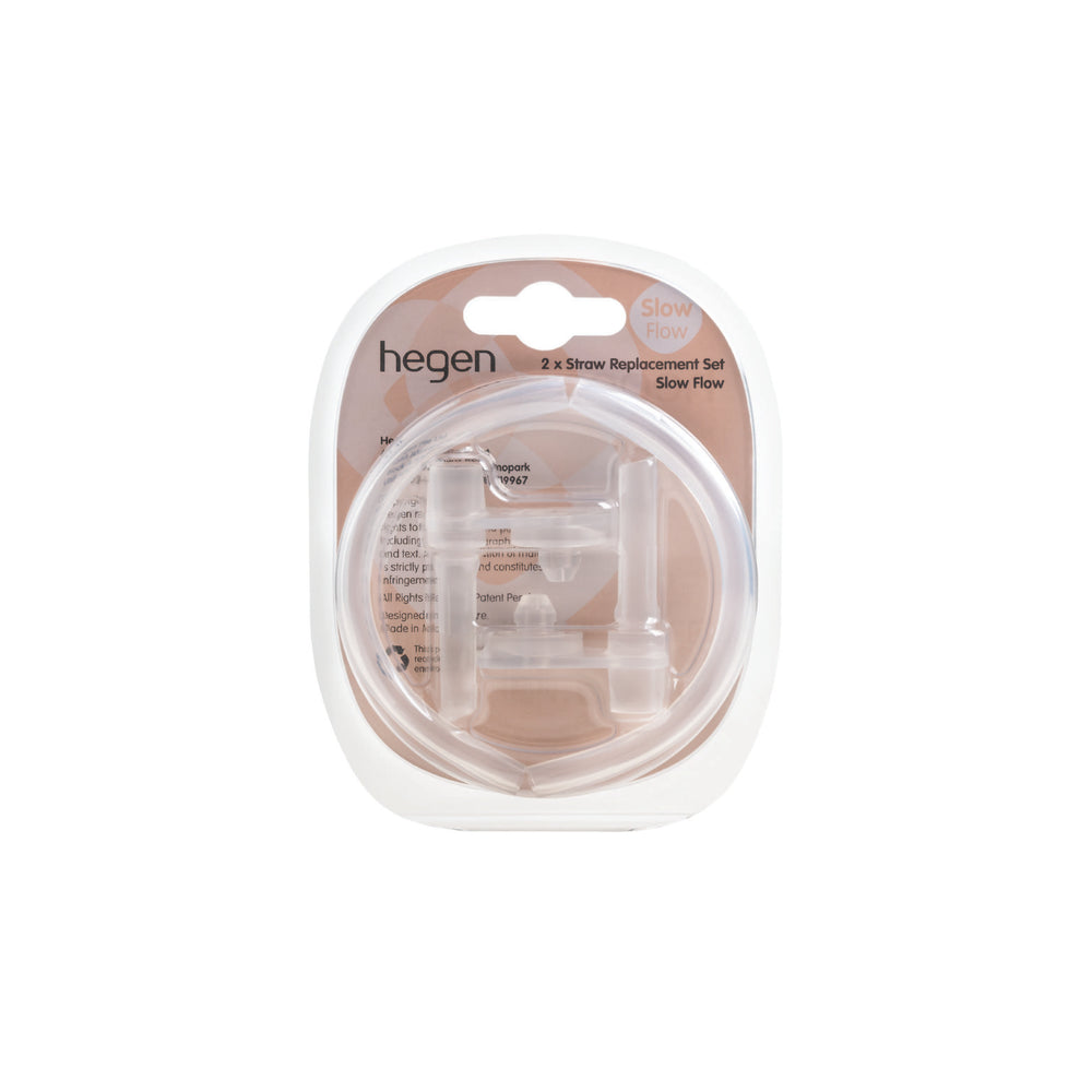 Packaging of Hegen straw replacement set showing two silicone straws in a clear color, designed for toddlers' straw cups.
