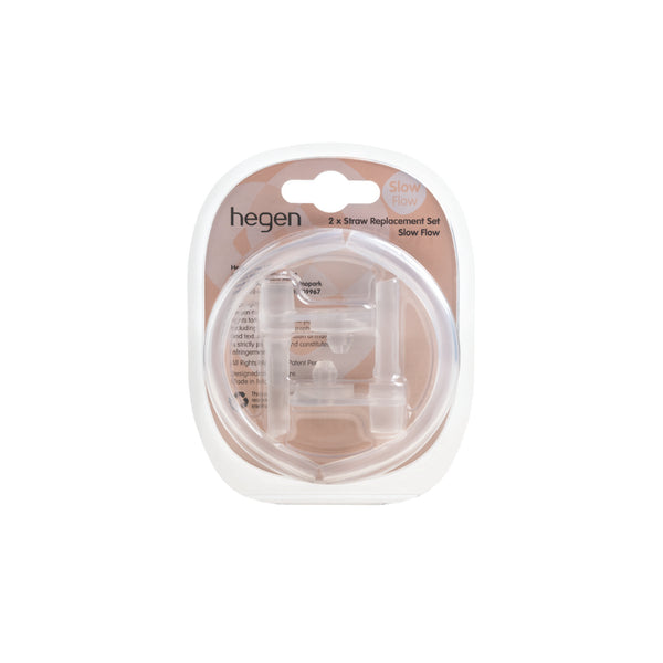 Packaging of Hegen straw replacement set showing two silicone straws in a clear color, designed for toddlers' straw cups.