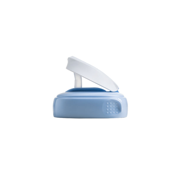 A blue Hegen PCTO Straw Spout attached to a white lid, designed for easy sipping.