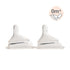 Two transparent silicone teats designed for baby bottles, marked with an &