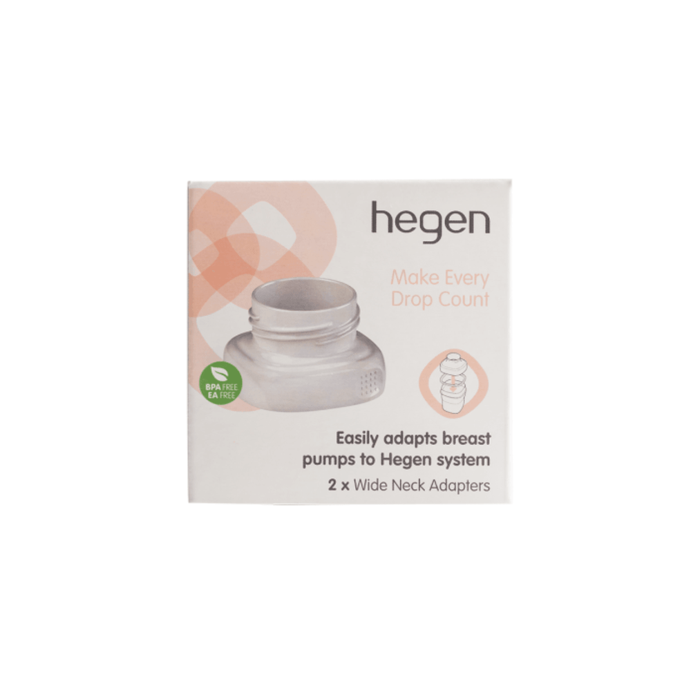 Two white Hegen PCTO Wide Neck Adapters for breast pumps.
