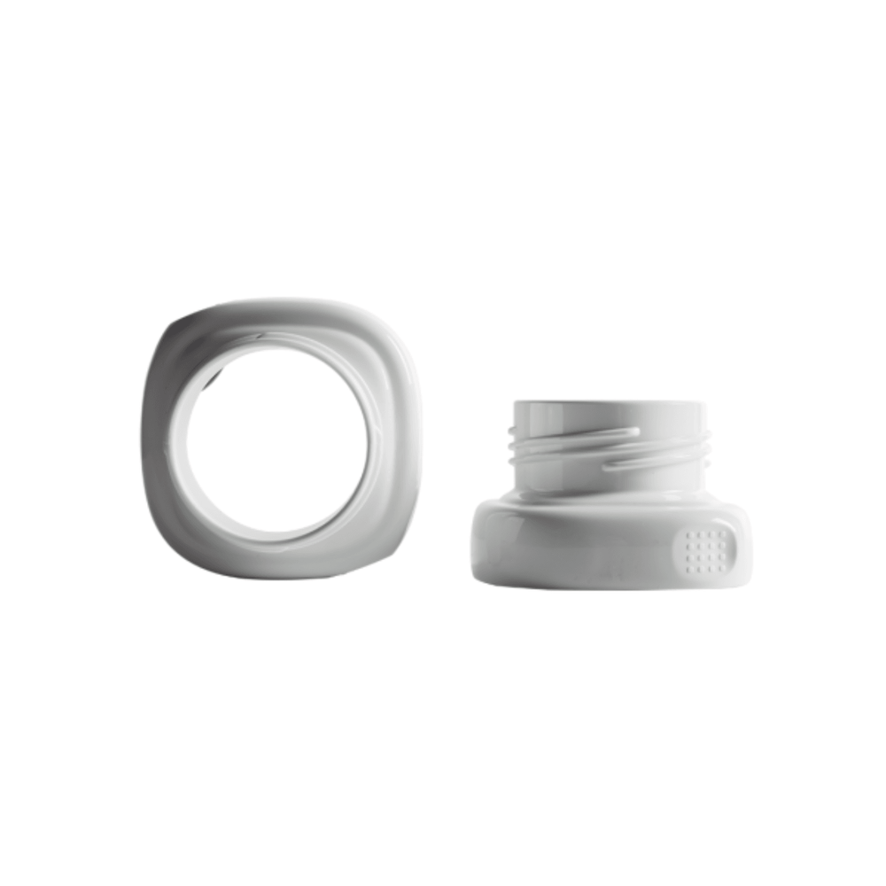 Two white Hegen PCTO Wide Neck Adapters for breast pumps.