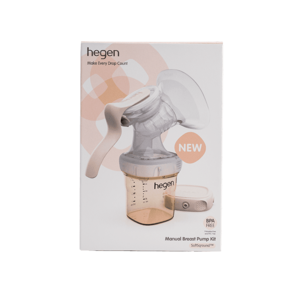 A Hegen manual breast pump kit with a soft silicone shield and a transparent collection container.